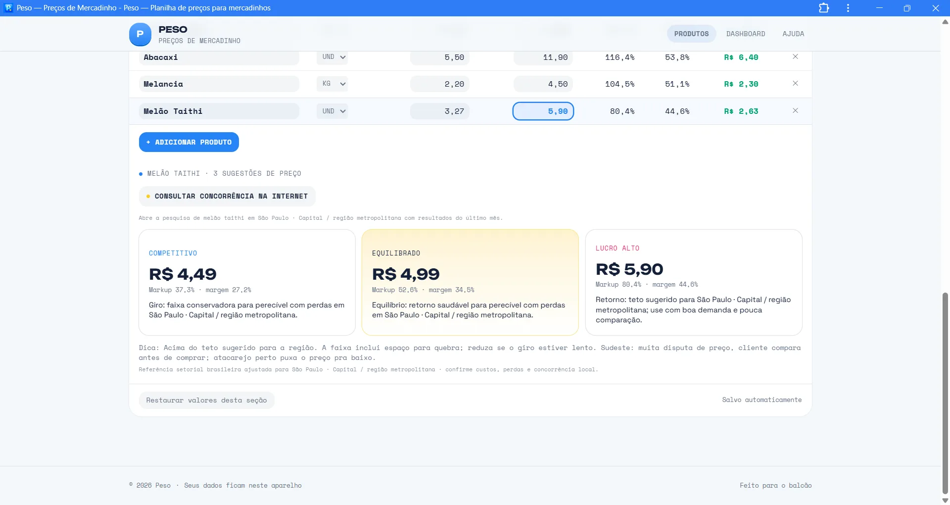 Planilha Inteligente de precificação em uso
